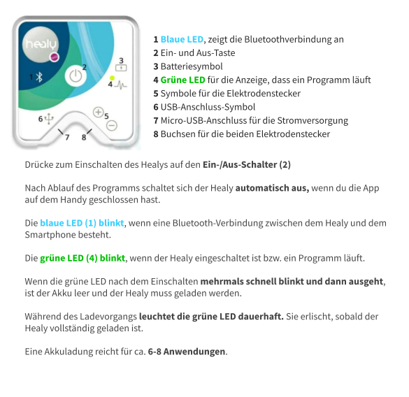 1 Blaue LED, zeigt die Bluetoothverbindung an 2 Ein- und Aus-Taste 3 Batteriesymbol 4 Grüne LED für die Anzeige, dass ein Programm läuft 5 Symbole für die Elektrodenstecker 6 USB-Anschluss-Symbol 7 Micro-USB-Anschluss für die Stromversorgung 8 Buchsen für die beiden Elektrodenstecker  Drücke zum Einschalten des Healys auf den Ein-/Aus-Schalter (2)  Nach Ablauf des Programms schaltet sich der Healy automatisch aus, wenn du die App auf dem Handy geschlossen hast.  Die blaue LED (1) blinkt, wenn eine Bluetooth-Verbindung zwischen dem Healy und dem Smartphone besteht.  Die grüne LED (4) blinkt, wenn der Healy eingeschaltet ist bzw. ein Programm läuft.  Wenn die grüne LED nach dem Einschalten mehrmals schnell blinkt und dann ausgeht, ist der Akku leer und der Healy muss geladen werden.  Während des Ladevorgangs leuchtet die grüne LED dauerhaft. Sie erlischt, sobald der Healy vollständig geladen ist.  Eine Akkuladung reicht für ca. 6-8 Anwendungen.